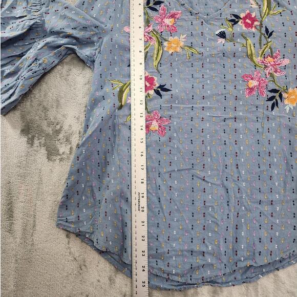 Style&Co Top Womens S Blue Embroider Floral V-Neck Ruffled Sleeve Peasant Boho - Picture 8 of 9